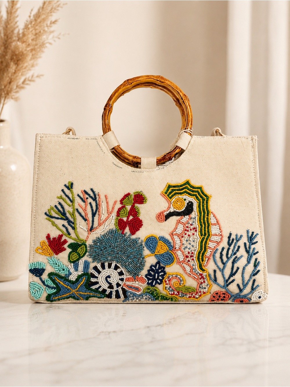 Beaded Seahorse Canvas Tote Bag with Bamboo Handles